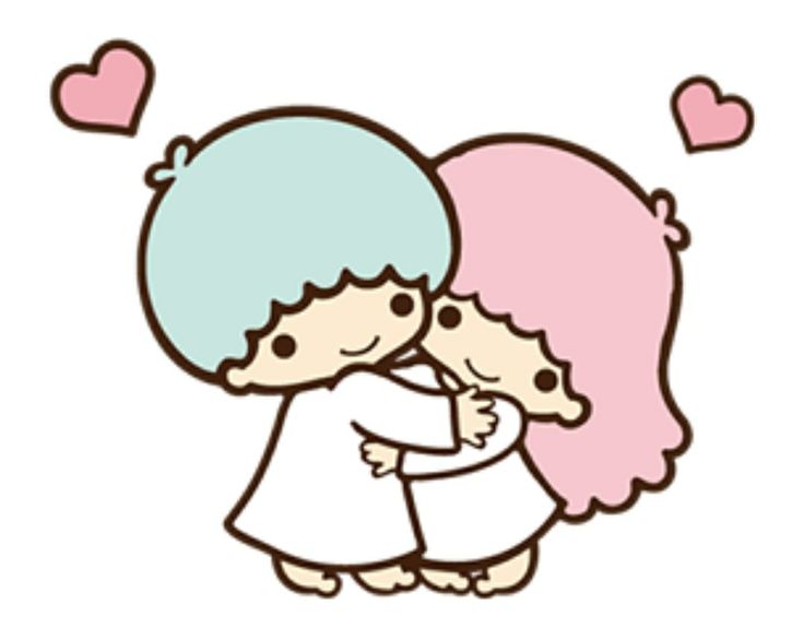 two girls hugging each other with hearts above them on a white background, one girl has pink hair and the other is blue