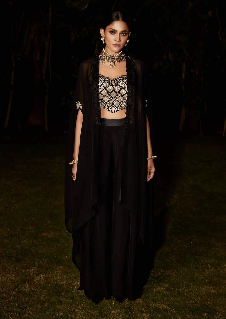 Matsya-Black Sauvage Sharara And Cape Set-INDIASPOPUP.COM Sharara Blouse, Cape Sharara, Lehenga Black, Embroidered Sharara, Cape Set, Zardozi Embroidery, Black Cape, Wedding Saree Indian, Indian Blouse