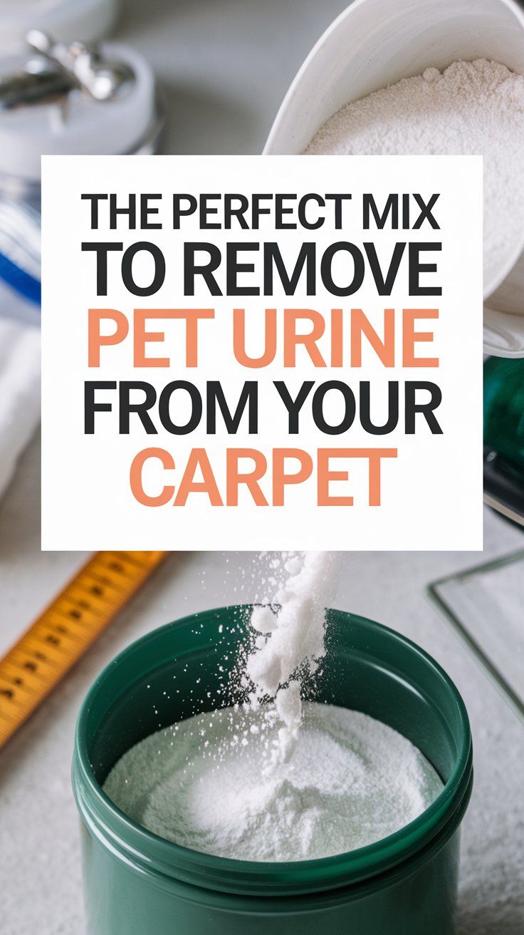 the perfect mix to remove pet urine from your carpet is in a green bucket with a measuring tape next to it