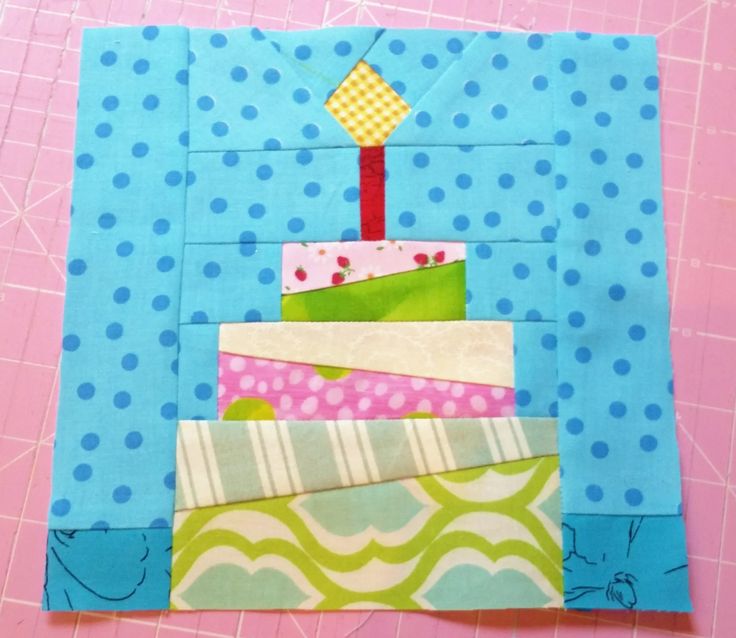 a close up of a piece of fabric with a birthday cake on the front and bottom