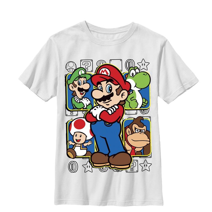 Mario and all his pals are waiting for you with the Nintendo Mario Super Squad White T-Shirt. Luigi, Yoshi, Toad, and Donkey Kong are all printed behind Mario on this durable white graphic tee for boys. Size: medium. Gender: male. Age Group: adult. Pattern: Fictitious Character. Material: Cotton. White Crew Neck T-shirt With Cartoon Print, White Crew Neck Shirt With Character Print, White Graphic Print Fun T-shirt, White Pop Culture Character Print Tops, Fun White T-shirt With Sublimation Print, White Tops With Pop Culture Character Print, White Shirt With Sublimation Print In Pop Culture Style, White Pop Culture Shirt With Sublimation Print, White Pop Culture Tops With Character Print