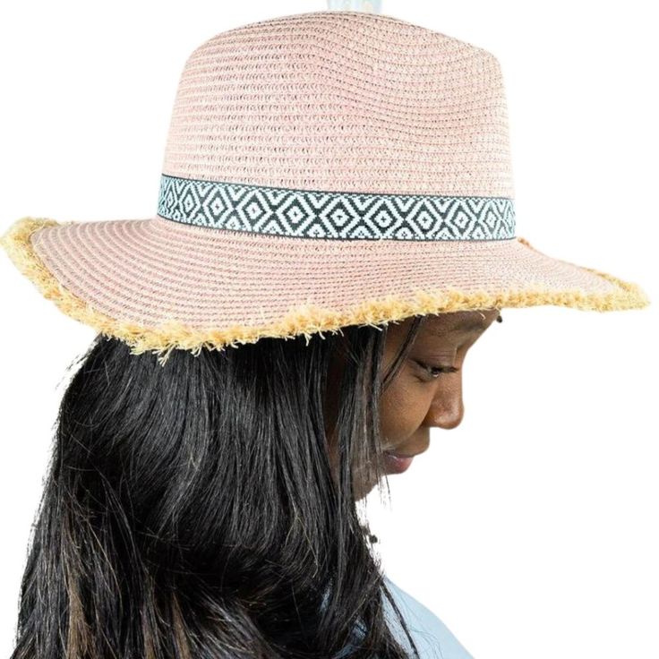 Hilo Holiday Pink Paper Straw Floppy Sun Hat Fedora Nwt When You're Headed To The Beach Or Anywhere Sunny, Remember To Grab This Stylish Hat To Keep The Sun Out Of Your Eyes! Fedora Style With Pinch Front And Straw Fringe Detail 100% Paper Straw Light Blue Aztec Print Fabric Band With Loop Accent Frayed Trim 14" X 13" Diameter (Total) 3" Brim Approx. 22.5" Circumference (Opening) Sweatband One Size Fits Most Summer, Sun, Beach, Pool, Swim, Cruise, Coastal, Coastal Cowgirl Pink Short Brim Straw Hat For Beach Season, Pink Fedora Straw Hat For Summer, Pink Beach Hat Bands, Pink Fedora Straw Hat For Beach Season, Pink Summer Fedora Straw Hat, Pink Short Brim Straw Hat For Summer, Summer Pink Fedora Straw Hat, Pink Summer Panama Hat For Spring, Pink Panama Hat For Spring And Summer