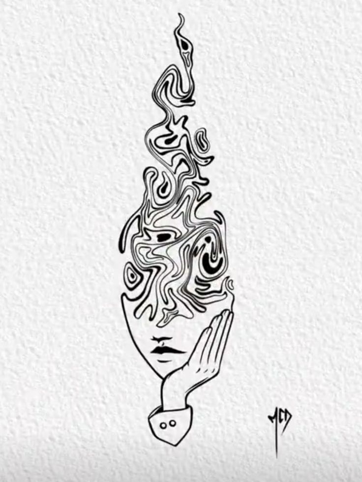 a drawing of a woman's head with hair blowing in the wind and hands reaching out