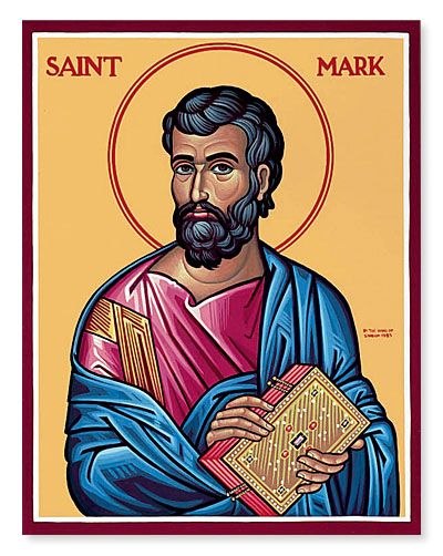 an icon of saint mark holding a book