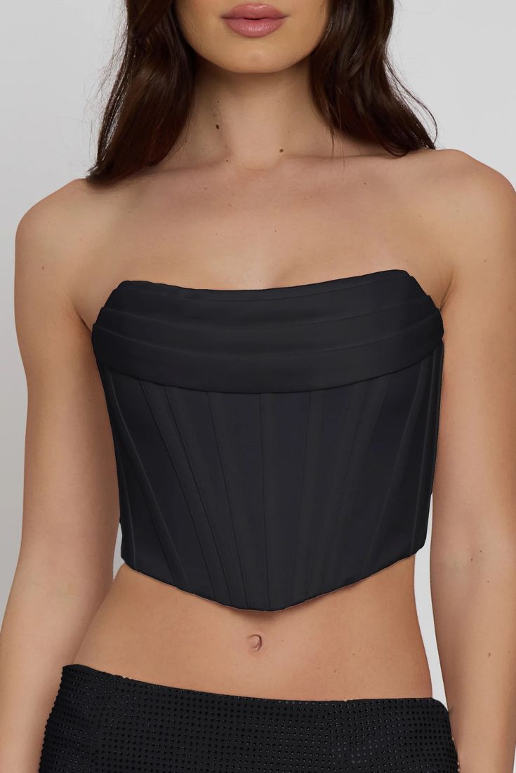 Surat Satin Strapless Corset Top - Black | LEAU Satin Corset With Built-in Bra For Night Out, Night Out Crop Top With Built-in Bra, Satin Crop Top With Boned Bodice For Party, Party Satin Crop Top With Boned Bodice, Black Fitted Bodice Corset For Club, Fitted Boned Bodice Crop Top For Party, Fitted Crop Top With Boned Bodice For Party, Overbust Corset Belt With Built-in Bra For Night Out, Satin Bandeau Crop Top For Party