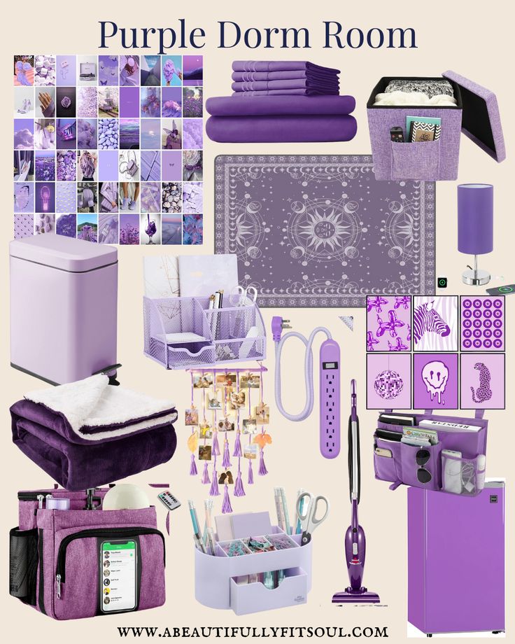 the purple dorm room is filled with items