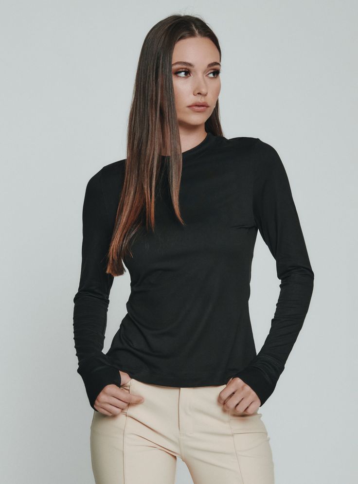 black-1003 Black Long Sleeve Top For Everyday Fall Wear, Casual Stretch Long Sleeve Top For Work, Black Tops With Ribbed Cuffs, Stretch Black Long Sleeve Top, Black Long Sleeve Top With Thumbholes For Fall, Minimal Stretch Long Sleeve Tops For Fall, Black Stretch Long Sleeve Top For Everyday, Solid Long Sleeve Top For Everyday Fall, Everyday Solid Long Sleeve Top For Fall