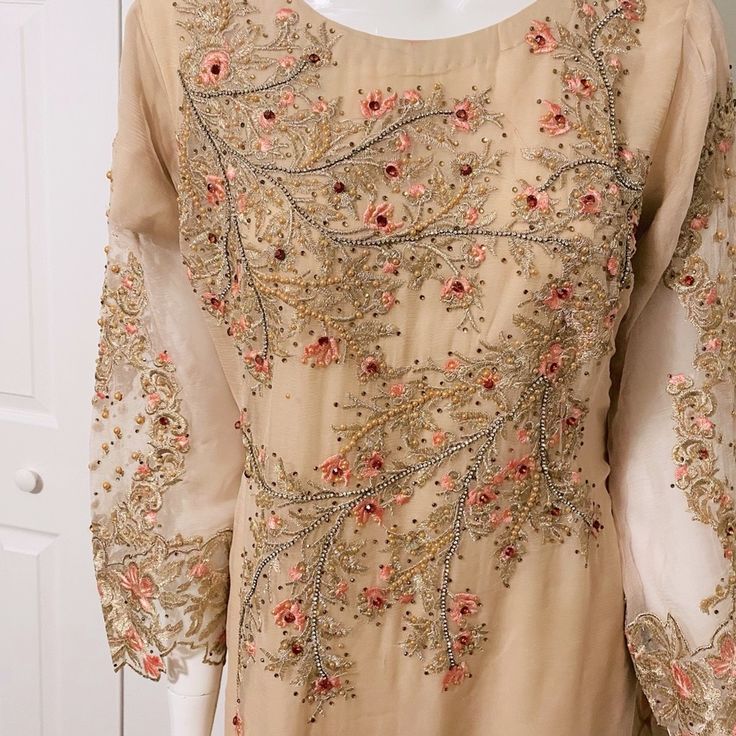 Pakistani/Indian Formal Dresses Very Beautiful Formal Dress. Brown Wedding Dress For Eid, Beige Floor-length Dress With Intricate Embroidery, Formal Beige Dress With Dabka Work, Fitted Gold Dress With Dabka Work, Elegant Brown Dress With Intricate Embroidery, Brown Wedding Dress With Intricate Embroidery, Spring Wedding Dress With Gold Embroidery, Brown Resham Embroidered Dress For Wedding, Brown Resham Embroidery Dress For Wedding