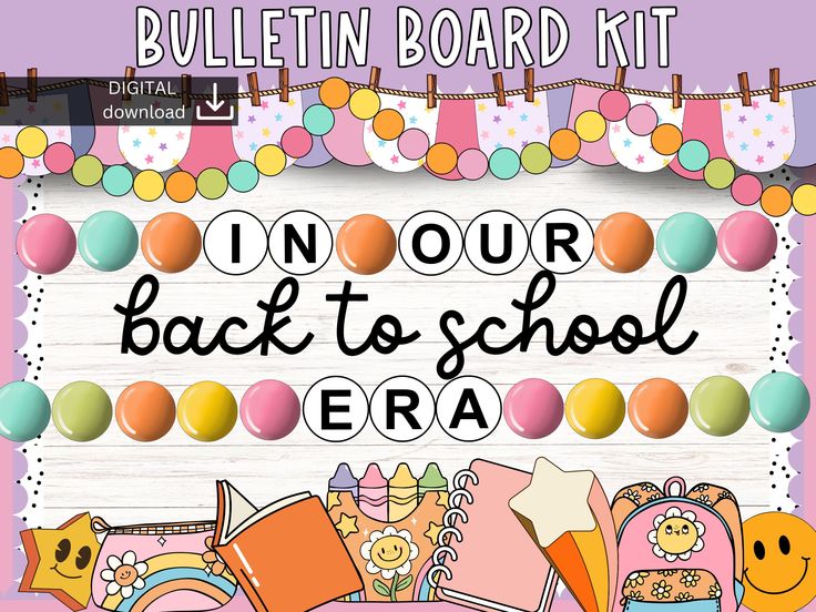 the bulletin board kit for back to school era is displayed in front of a pink background