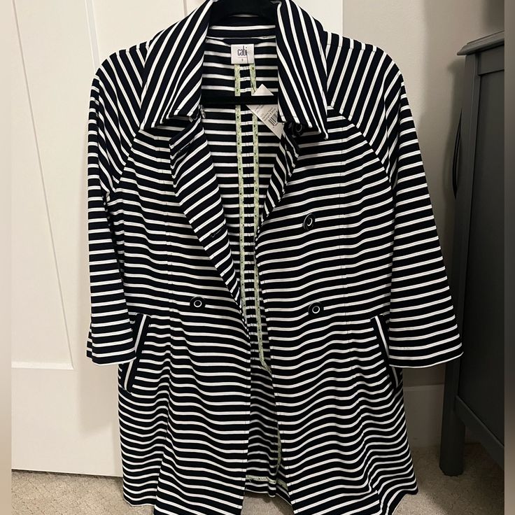 Nwt Blue And White Striped Cabi Maritime Trench Coat. Super Cute On! Casual Striped Outerwear For Work, Chic Striped Long Sleeve Outerwear, Spring Striped Outerwear For Work, White Stripe, Trench Coat, Blue White, Color Blue, Jackets For Women, Super Cute