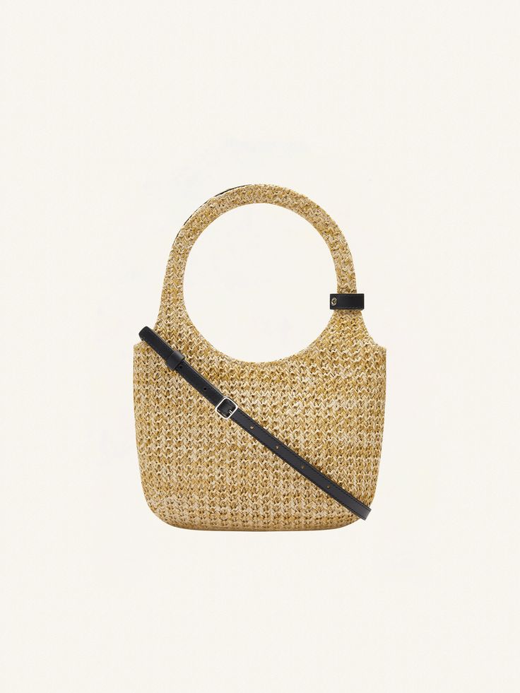 Raffia effect Holy bag, snap closure with metal AC logo, buckle detail on handle, inside pocket inside, adjustable and removable leather shoulder strap.   Length: 19 cmHeight: 34 cmWidth: 24 cm Luxury Rectangular Straw Bag With Detachable Strap, Elegant Straw Tote Bag For On-the-go, Luxury Handheld Bucket Bag For On-the-go, Natural Shoulder Bag With Gold-tone Hardware For Daily Use, Elegant Shoulder Bag With Detachable Handle In Natural Color, Luxury Straw Bag With Removable Pouch And Double Handle, Luxury Natural Satchel With Detachable Strap, Elegant Natural Shoulder Bag With Detachable Handle, Luxury Double Handle Straw Bag With Removable Pouch