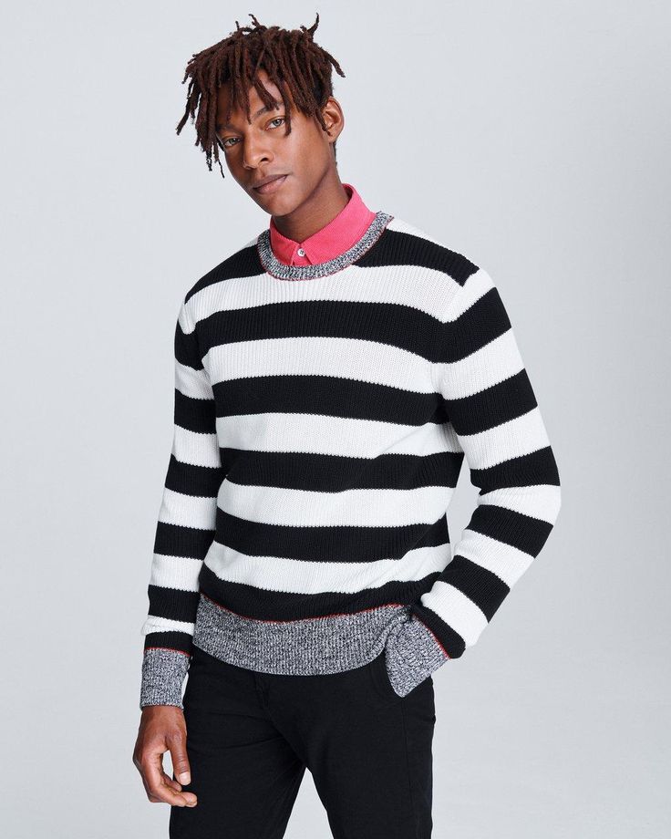 Axwell Crewneck Striped Sweater for Men | rag & bone Half Cardigan, Sweater For Men, Striped Sweater, Stripe Sweater, Rag & Bone, Contrasting Colors, Long Sleeve Tshirt Men, Men Sweater, Black White