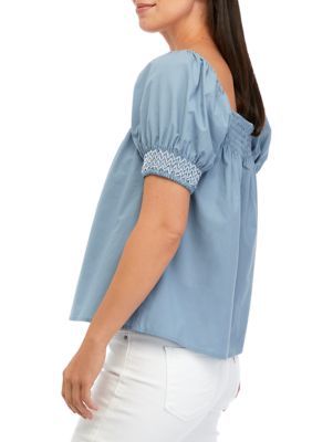 Elevated by a classic square neckline, this posh top from Wonderly is great for casual wear. | Wonderly Women's Peach Rally Peasant Knit Top, Blue, X-Large Casual Smocked Top With Square Neck For Summer, Casual Square Neck Top For Summer, Casual Summer Tops With Square Neck, Trendy Cotton Square Neck Top, Trendy Cotton Top With Square Neck, Cotton Square Neck Top For Spring, Fitted Casual Cotton Puff Sleeve Top, Cotton Top With Square Neck And Smocked Back, Cotton Square Neck Top