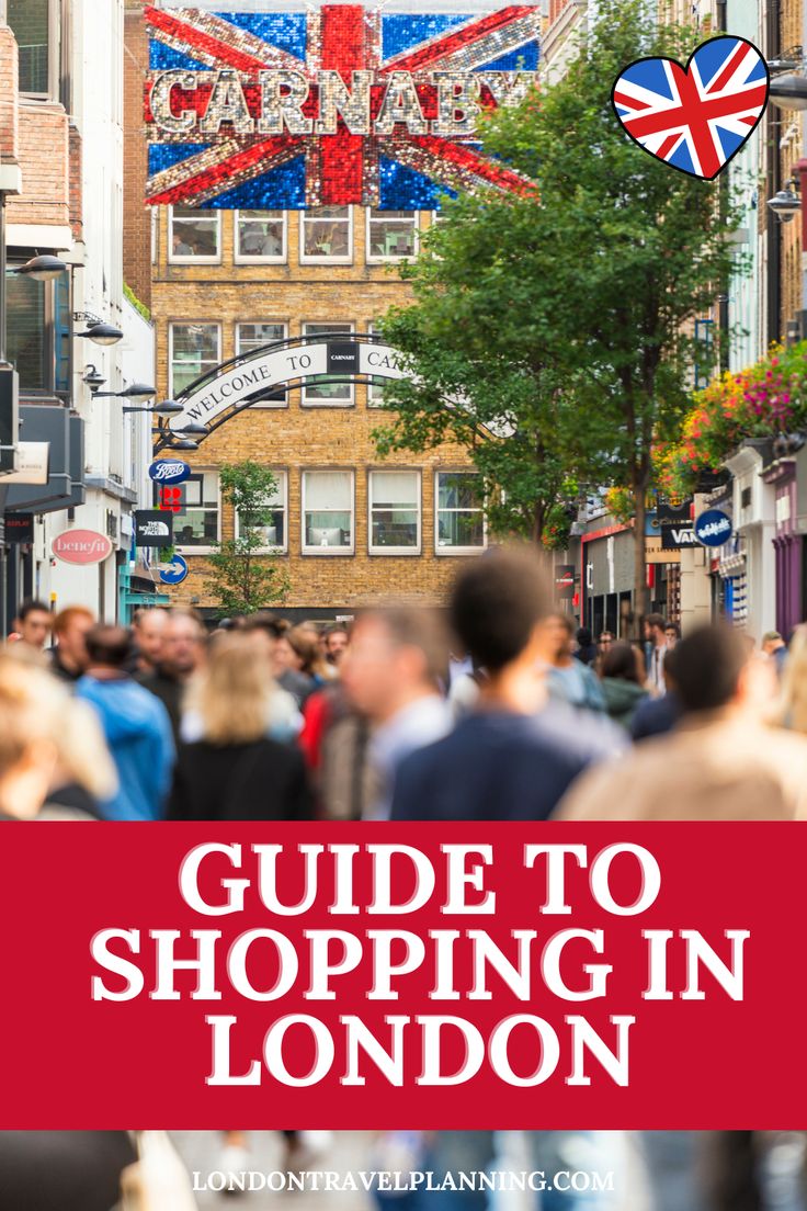 people walking down the street in london with text overlay reading guide to shopping in london