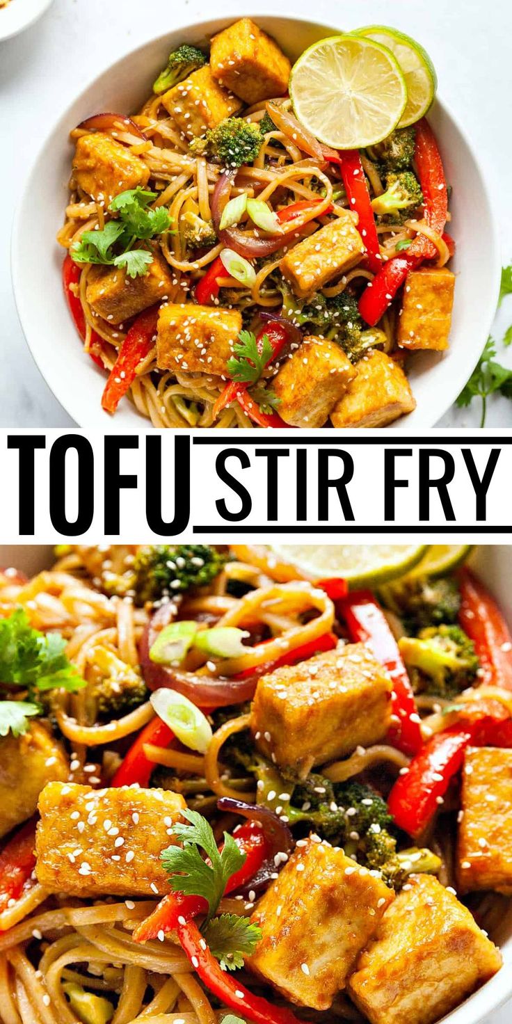 tofu stir fry with broccoli, peppers and noodles in a white bowl