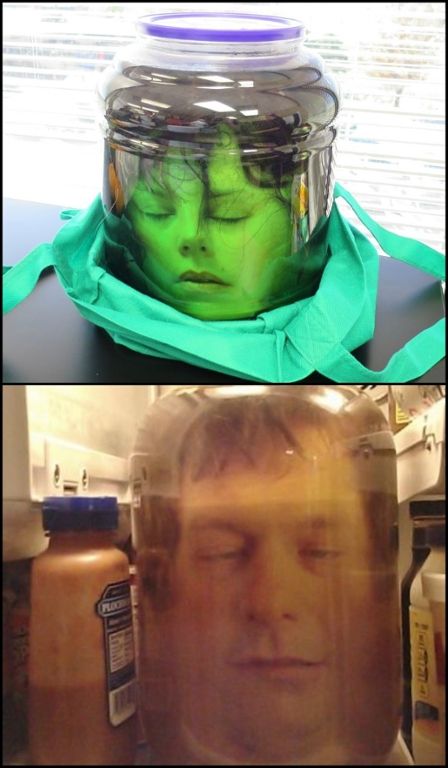 two pictures one with a man's face and the other with his head covered in plastic