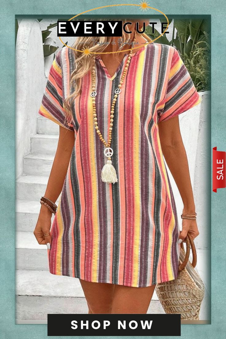 Women's Colorful Striped V-neck Loose A-hem Dress Multicolor Short Sleeve V-neck Dress For Vacation, Bohemian Multicolor V-neck Dress With Short Sleeves, Colorful V-neck Vacation Dress, Colorful V-neck Mini Dress, Casual Multicolor V-neck Dress For Vacation, Colorful V-neck Mini Dress For Summer, Spring Vacation V-neck Shift Dress, Casual Multicolor V-neck Dress For Beach, Multicolor V-neck Maxi Dress For Summer