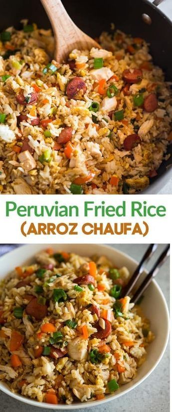 this is an image of rice and vegetables in a skillet with the words peruvian fried rice