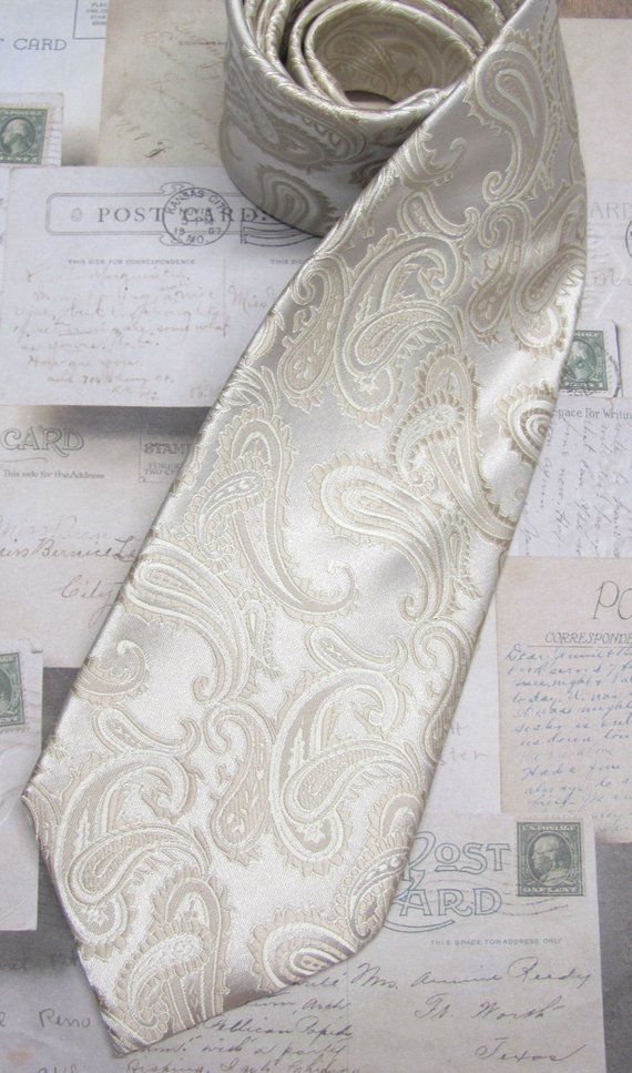 Mens Ties Beige Tan Paisley Mens Silk Necktie Wedding ties. With Matching Pocket Square Option Elegant White Tie With Pocket Square, Silk Fitted Suit And Tie Accessories For Wedding, Cream Standard Tie For Wedding, Classic Wedding Ties And Accessories, Classic Wedding Suit And Tie Accessories, Elegant Satin Suit And Tie Accessories For Wedding, Classic Wedding Ties, Elegant Satin Suit Accessories For Wedding, Elegant Silk Neckwear For Weddings