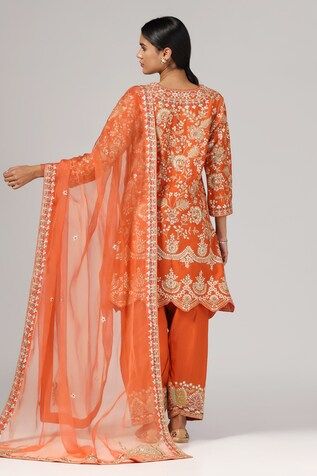 Orange silk chanderi kurta with zari and aari embroidery. Comes with salwar and an organza dupatta. - Aza Fashions Women Kurta, Aari Embroidery, Straight Kurta, Organza Dupatta, Set Women, Aza Fashion, Three Quarter, Silk, Embroidery