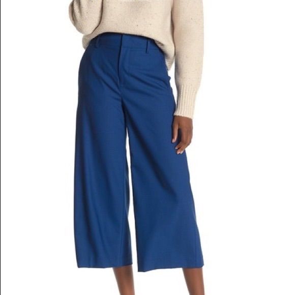 Brand New With Tags A Smart Wool Blend Construction Gives A Polished Feel To These Cropped Wide Leg Pants. -Front Zip With Concealed Hook-And-Bar And Zip Closures -4-Pocket Construction Size: 4 Waist: 29” Spring Office Cropped Leg Pants, Cropped Wide Leg Pants For Work, Tailored Wide Leg Blue Pants, Chic Cropped Wide Leg Work Pants, Blue Tailored Wide Leg Pants, Blue Office Bottoms With Pockets, Tailored Cropped Leg Bottoms With Pockets, Tailored Bottoms With Pockets And Cropped Leg, Fall Office Bottoms With Cropped Leg