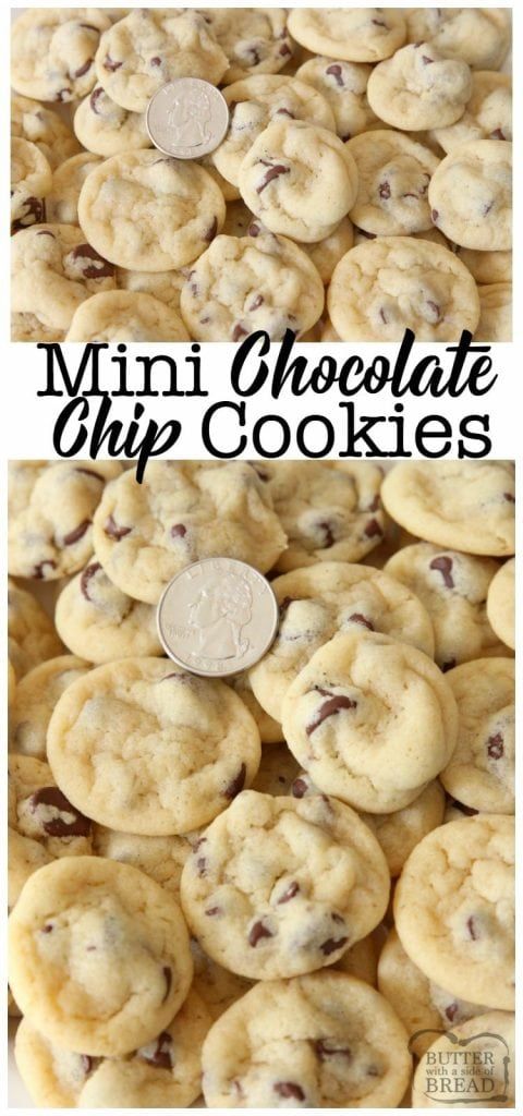 mini chocolate chip cookies are stacked on top of each other with a penny in the middle