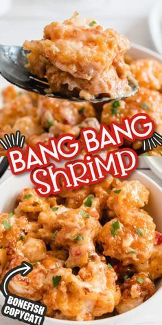 the cover of bang bang shrimp is shown with spoons full of food in it