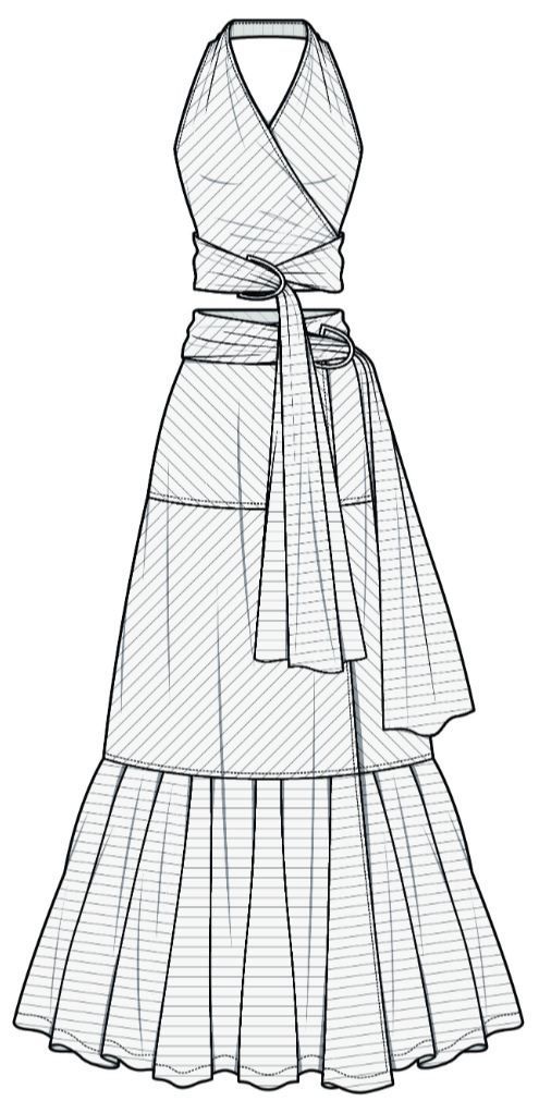 a line drawing of a dress with a belt on the waist and neckline, it is