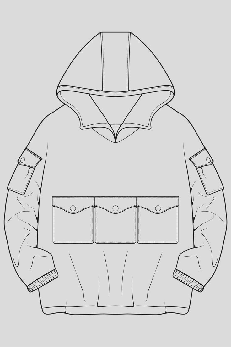 a drawing of a hoodie with three pockets