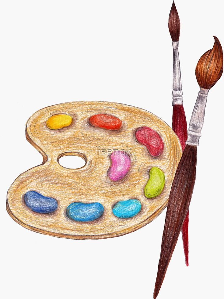 an artist's palette and two brushes with colored eggs on it, drawn by hand