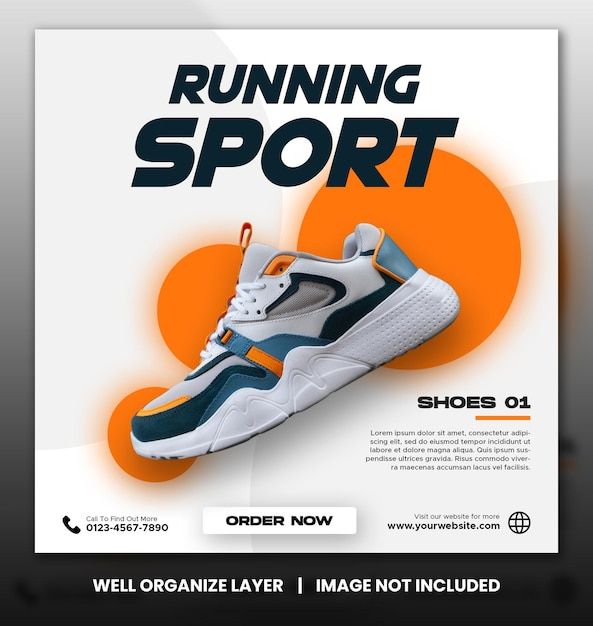 an advertisement for running sport with a shoe on the front and bottom half of it