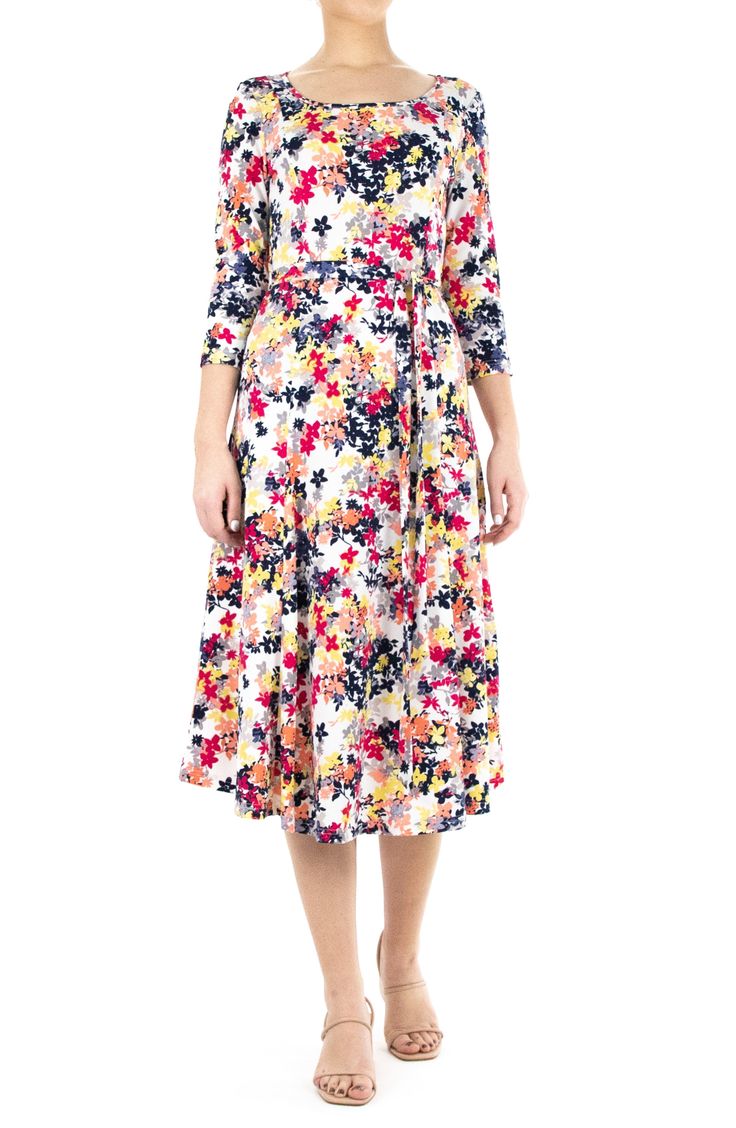 This versatile scoop neck midi dress is a comfortable and stylish wardrobe staple that is perfect for any occasion! 46" length (size S) Scoop neck Three-quarter sleeves Slips on over head 95% polyester, 5% spandex Machine wash, tumble dry Imported Model Stats: 5'10" height; 34" bust; 27" waist; 35" hips. Model is wearing size S. Summer Stretch Dress With 3/4 Sleeves, Stretch Summer Dress With 3/4 Sleeves, Fitted Half Sleeve Midi Dress For Spring, Stretchy Summer Dress With 3/4 Sleeves, Summer Daywear Midi Dress 3/4 Length, Summer Midi Dress For Daywear, 3/4 Length, Summer Daywear Midi Dress, Casual Floral Print Midi Dress, 3/4 Length, Spring Midi Dress With 3/4 Sleeves And Stretch