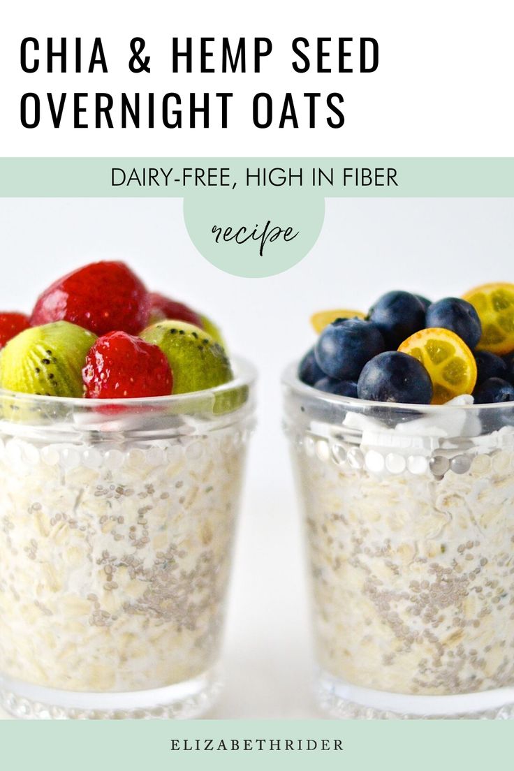 chia and hemp seed overnight oats in small glass containers with fruit on top