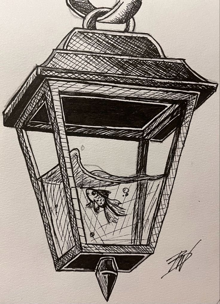 Fish trapped in a lantern fast sketch ink drawing fine lines black and white Lantern Pencil Drawing, Fineline Pen Art, Lantern Reference Drawing, Water Sketch Pen, Simple Pen Sketches Aesthetic, One Pen Drawing, Easy Things To Sketch Step By Step, Drawings To Do With Pen, Lantern Fish Drawing