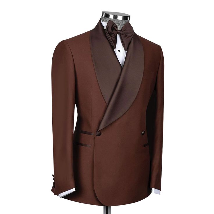 Package Includes: 1 x Jacket - 1 x Pant

Introducing the Chocolate Brown Tuxedo, a masterpiece of sophistication and style. Crafted from premium 120s fabric, this tuxedo combines luxury and comfort, perfect for any formal occasion. The double-breasted design with two buttons exudes timeless elegance, while the dark brown shawl lapel adds a refined touch. Whether you're attending a wedding, gala, or any high-profile event.

 	Fabric: 120s 
 	Lining Fabric: Silk
 	Pattern: Plain
 	Buttons: Fabric
 	Construction: Half Canvas
 	Seasonality: All Season
 	Jacket: Dark Brown Shawl Lapel, 3 Straight Pockets, Double Breasted With 2 Buttons
 	Trouser: Flat front, 2 Back Pockets, Zip Closure Brown Tuxedo Suit For Wedding, Tuxedo With Suit Collar For Gala, Brown Wedding Tuxedo In Suiting Fabric, Gala Tuxedo With Suit Collar, Brown Elegant Wedding Tuxedo, Elegant Brown Wedding Blazer, Tuxedo Style Tailored Blazer For Gala, Brown Tailored Tuxedo For Wedding, Tailored Tuxedo Blazer For Gala