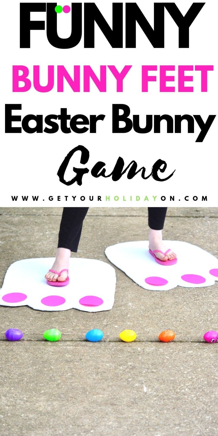 a person standing on top of an easter egg craft with the words funny bunny feet