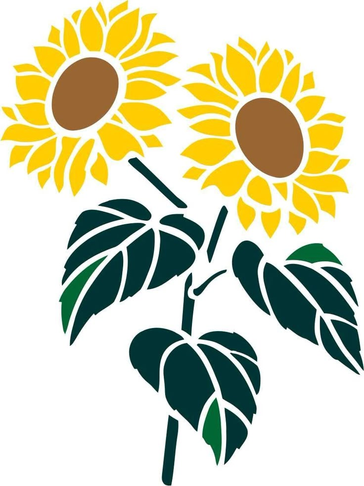 three sunflowers with green leaves and brown centers on a white background in the shape of a heart