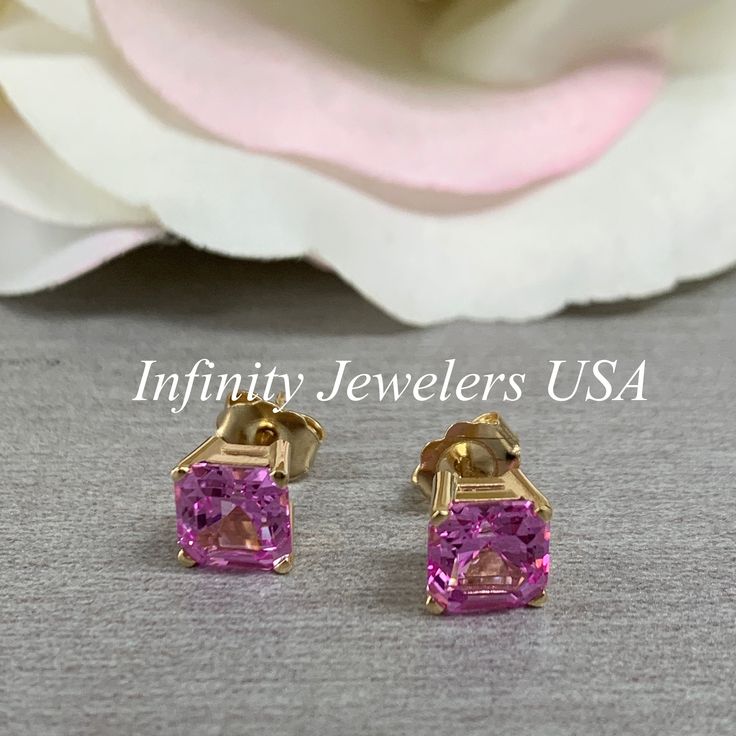 "These earrings are asscher cut lab created pink sapphires made with pure 14k yellow gold item #6436 -Approximate total carat weight: 2.00ctw -Center Stone Size: 1.00ct each 6x6mm -Gem Type: Lab Created Sapphire -Stone Shape: Asscher Cut -Stone Clarity: VS2 -Stone Color: Pink -Metal Type and Purity: 14K Yellow Gold -Setting: 4 Prong Basket Style -Backing: Friction Back (earring backs are subject to change due to availability) -Country of Manufacturing: USA (Michigan) For customization please con Gia Certified Classic Pink Sapphire Jewelry, Classic Gia Certified Pink Sapphire Jewelry, Pink Gia Certified Jewelry, Pink Emerald Cut Gia Certified Jewelry, Gia Certified Pink Emerald Cut Jewelry, Gia Certified Emerald Cut Pink Jewelry, Classic Pink Cushion Cut Jewelry, Pink Prong Set Earrings For Anniversary, Gia Certified Pink Fine Jewelry Earrings