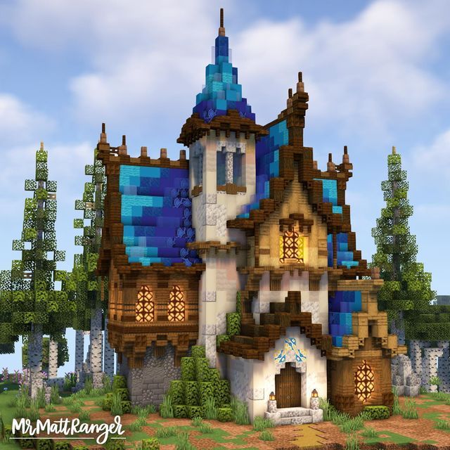 Blue Roof House, Chalet Minecraft, Minecraft Fantasy House, Château Minecraft, Minecraft Roof, Minecraft Medieval House, Casa Fantasy, Minecraft Kingdom, Minecraft House Ideas