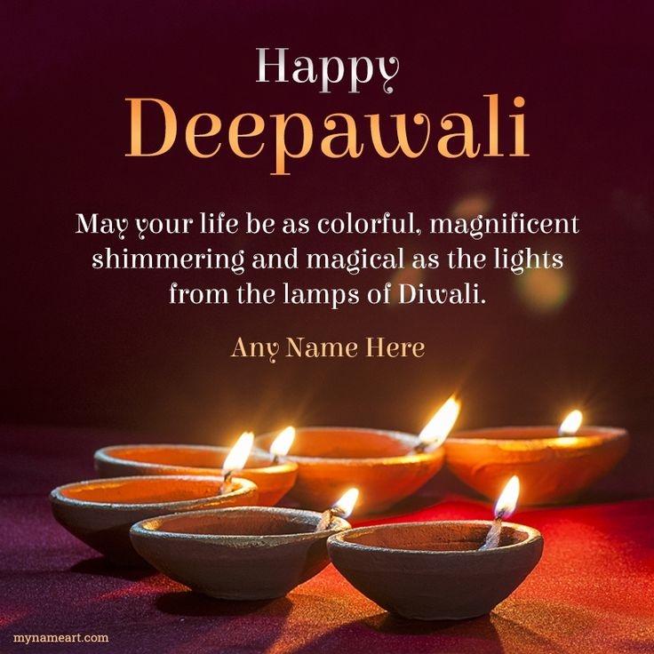 happy deepavali greeting card with lit candles in bowls on purple background and caption that reads, may your life be as colorful, magnificent, shimmering and