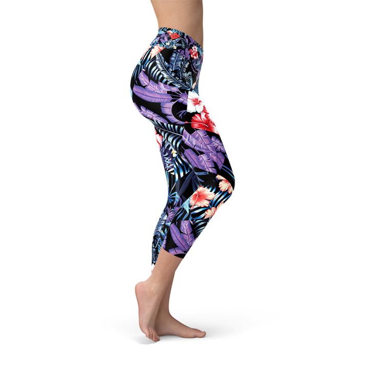 "Hawaiian Hibiscus Floral Yoga Capri Leggings For Women High Waisted Mid Calf Length Printed Workout Pants with Exotic Tropical Flower Print Escape to paradise every time you put on our Hawaiian Hibiscus Floral Yoga Capri Leggings. Adorned with an assortment of colorful exotic tropical flowers, these lovely bottoms are just what you need to work some color into your wardrobe. Pair it with strappy sandals and a flowy white cami for a light and airy look. These premium cropped length high-waisted Floral Print Knee-length Bottoms For Beach, Stretch Tropical Bottoms With Floral Print, Tropical Stretch Bottoms With Floral Print, Tropical Stretch Floral Print Bottoms, Stretch Floral Print Leggings For Yoga, Casual Knee-length Yoga Leggings, Summer Yoga Capri Leggings, Casual Multicolor Leggings For Pilates, Casual Knee-length Yoga Capris