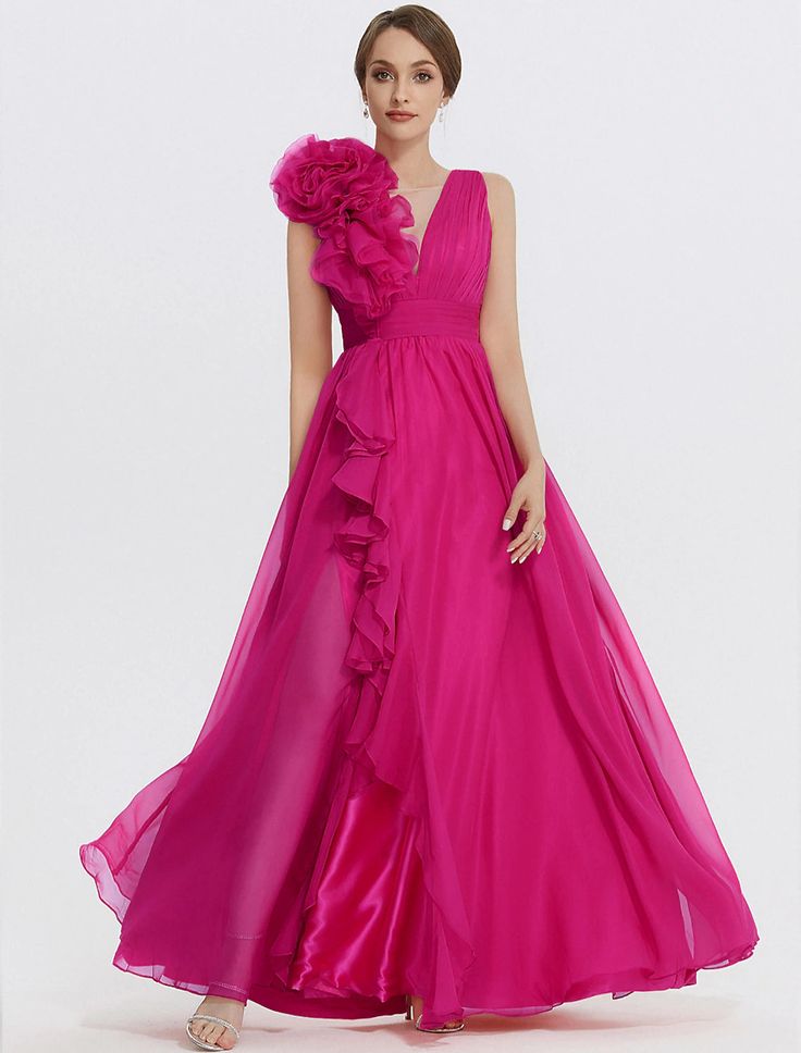 A-Line Evening Gown Floral Dress Formal Wedding Guest Floor Length Sleeveless V Neck Chiffon with Ruched Appliques Dress Formal Wedding Guest, Gown Floral, Formal Wedding Guests, Floral Dress Formal, Dresses Quinceanera, Dress Formal, Quinceanera Dresses, Formal Wedding, Guest Dresses