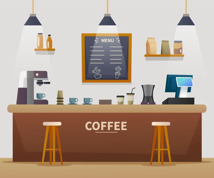 a coffee shop counter with two stools and a menu on the wall behind it