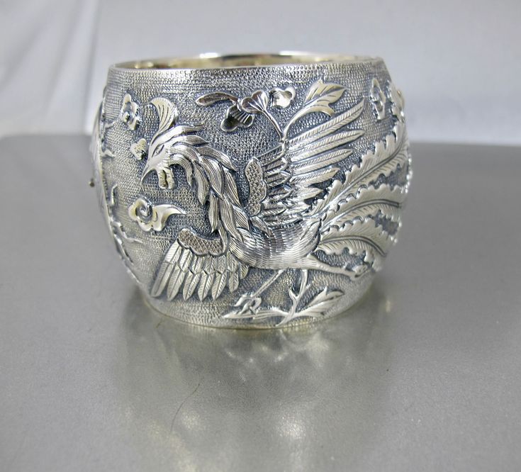 Antique Chinese Sterling Bracelet. Wide Sterling Silver Dragon Phoenix Storyteller Wedding Bracelet Qing Dynasty. Victorian Style Ceremonial Cuff Bracelet With Intricate Design, Victorian Cuff Bracelet With Intricate Design For Ceremonial Occasions, Victorian Cuff Bracelet With Intricate Design For Ceremonial, Traditional Carved Bangle For Wedding, Victorian Ceremonial Cuff Bracelet Bangle, Victorian Bangle With Intricate Design For Ceremonial Occasions, Victorian Cuff Bracelet Bangle For Ceremonial Occasions, Ornate Engraved Bangle For Ceremonial Occasions, Victorian Engraved Cuff Bracelet For Ceremonial Occasion