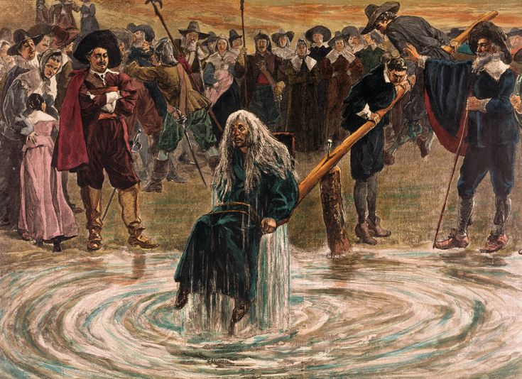 an old painting of a woman standing in the water with a staff and other people around her