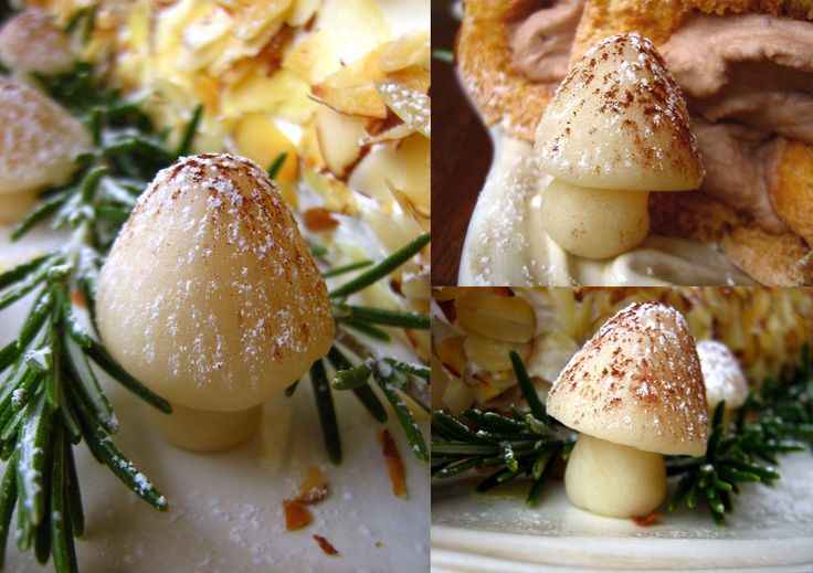 two pictures of food with different toppings on them, one is covered in powdered sugar and the other has sprigs of rosemary