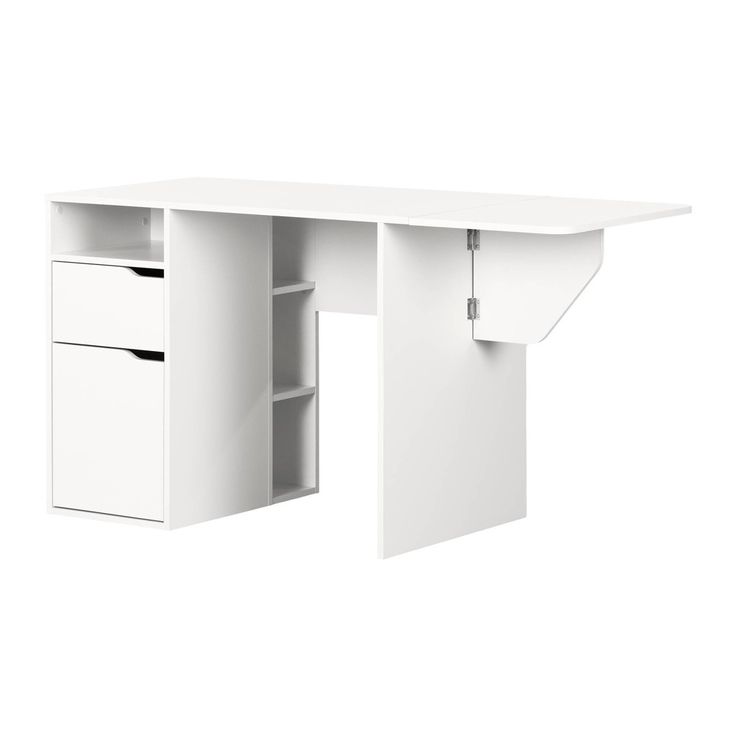 a white desk with two drawers and a shelf on the top, in front of a white background