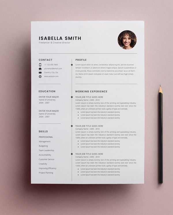 a professional resume is shown on top of a pink surface with a pencil and pen