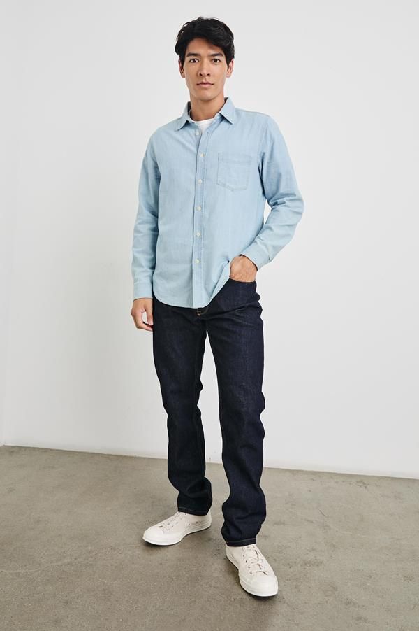 Look and feel amazing in this super soft, vintage inspired denim chambray shirt. Made from lightweight cotton chambray, this long sleeve collared button-down shirt features a vintage wash finish, classic fit, and patch pocket at chest.True to size100% CottonMachine Wash Cold. Tumble Dry Low. Remove Promptly. Do Not Bleach. Casual Button-up Jeans For Everyday, Classic Long Sleeve Light Indigo Shirt, Classic Light Indigo Long Sleeve Shirt, Classic Light Indigo Button-up Shirt, Casual Button-up Relaxed Fit Jeans, Classic Collared Denim Shirt, Medium Wash Chambray Collared Shirt, Cotton Button-up Jeans For Everyday, Button-up Cotton Jeans For Everyday