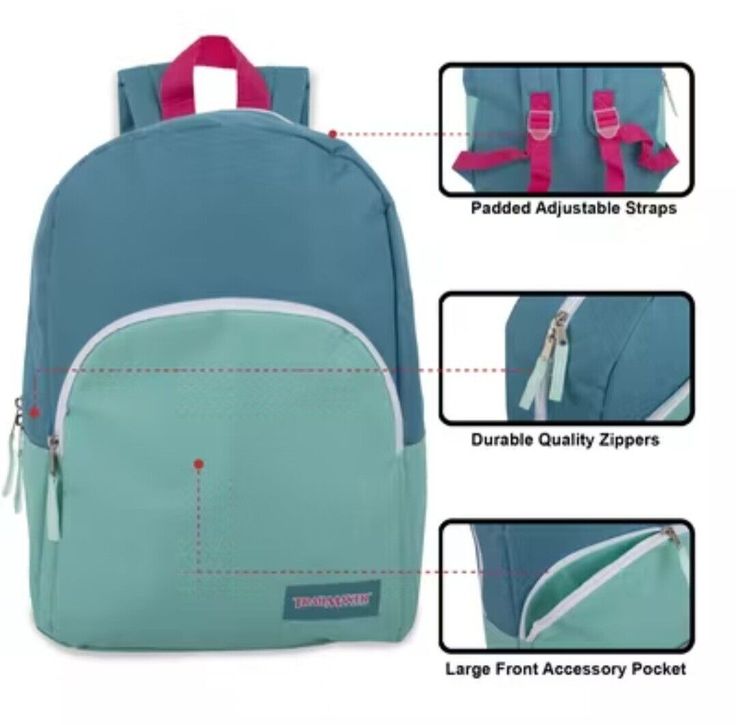 Trailmaker Kids, 2-tone Aqua Blue with Pink accents, 15" Backpack Durable Polyester NEW. This 15" backpack will never disappoint. This backpack measures 15" x 10.5" x 5", and features fully padded adjustable straps for great comfort and ease when wearing. This comfortable backpack is made from 600 denier polyester for durability and sturdiness with an extra-tall front accessory pocket for holding all of those necessary school supplies. Size: 15" x 10.5" x 5" Material: Strong 600D Polyester Padde Adjustable Blue School Bags, Adjustable Blue School Bag, Adjustable Blue School Backpack, Blue School Backpack With Adjustable Straps, Pink Accents, Aqua Blue, School Supplies, Front Zipper, Adjustable Straps